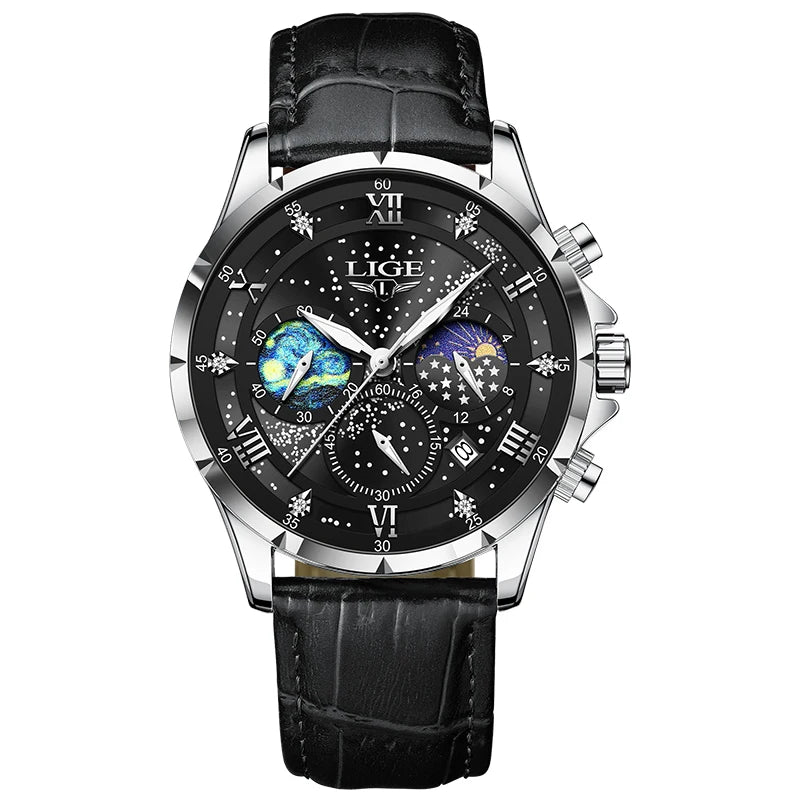 LIGE 2024 Men’s Luxury Genuine Leather Sports Military Quartz Watch with Date