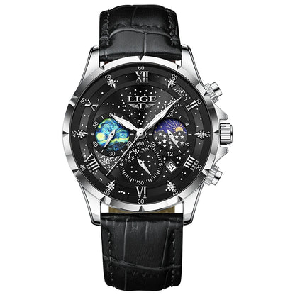 LIGE 2024 Men’s Luxury Genuine Leather Sports Military Quartz Watch with Date