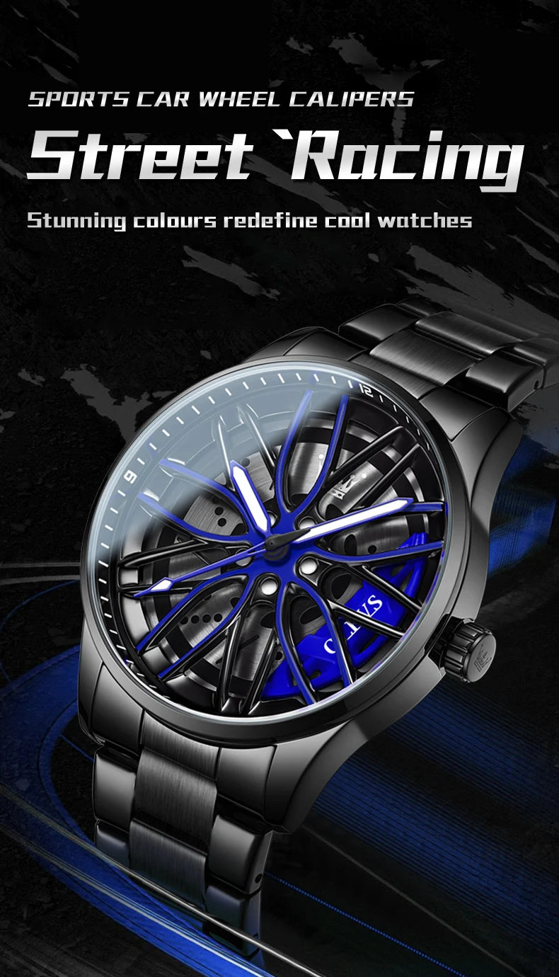 OLEVS Fashion 360° Rotary Dial Quartz Watch for Men Sport Car Rim Wheel Hub Waterproof Luminous Stainless Steel Men's Wristwatch