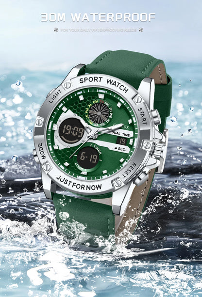 LIGE Men’s Outdoor Sport Watch – Leather Strap, Dual Digital Display, Waterproof & Luminous
