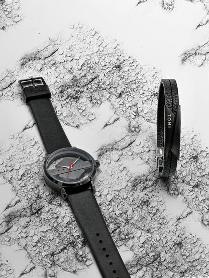 TOMI New 2PCS Men's Gift Box Watch Bracelet Simple and Fashionable Hollow out Versatile Black Strap Men's Quartz Watch Reloj