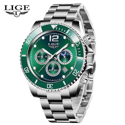 LIGE Men’s Luxury Military Quartz Watch – Full Steel Waterproof Chronograph