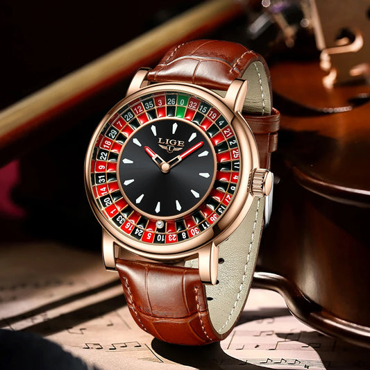 LIGE Fashion Roulette Dial Men's Watch – Brown Leather Edition