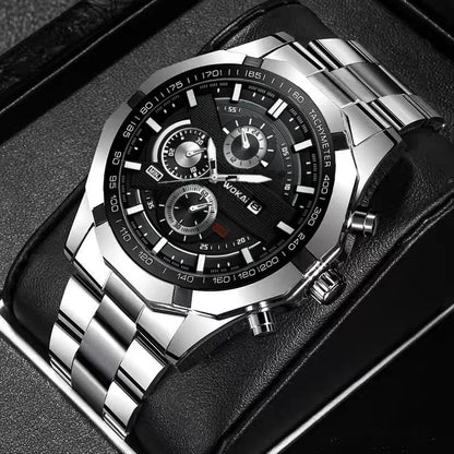 Luxorive MetroChron – 3‑Eye Quartz Watch for Men | Steel Bracelet, Roman + Index Dial
