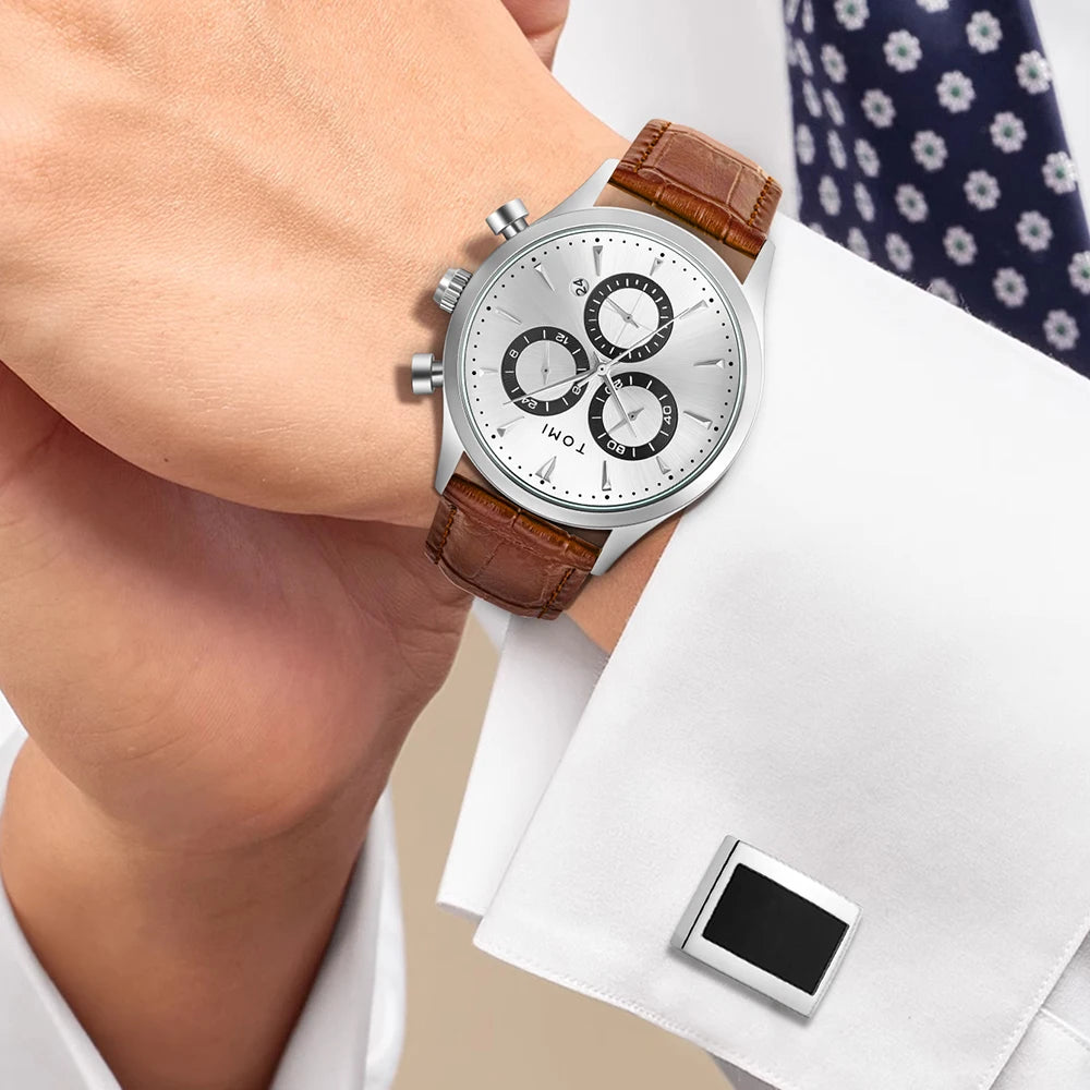 TOMI 4PCS Set Luxury Business Men's Quartz Watch Casual Fashion Versatile Watch Men's Cufflinks Tie Clip Watch Festival Gift