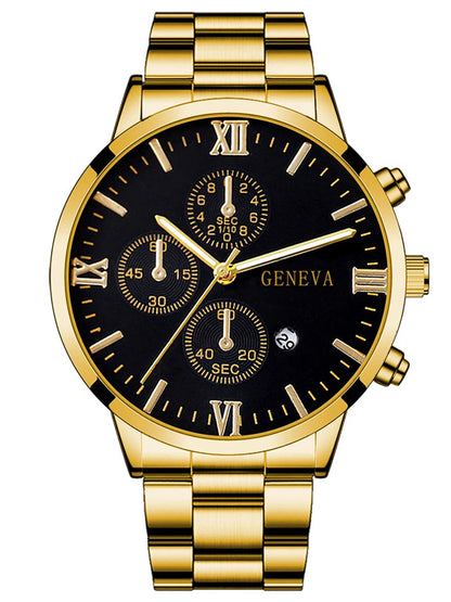 Luxorive Gold Roman Gift Set 🎁 – 4‑Piece Men’s Gold Quartz Watch with Calendar, Cross Necklace, Bracelet & Ring