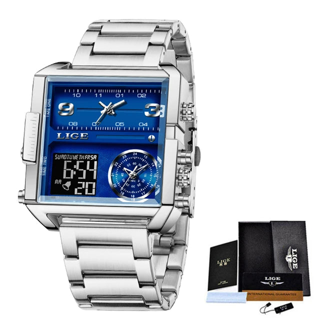 LIGE Men’s Black Steel Digital Dual Display Sports Chronograph – Waterproof Quartz Military Watch