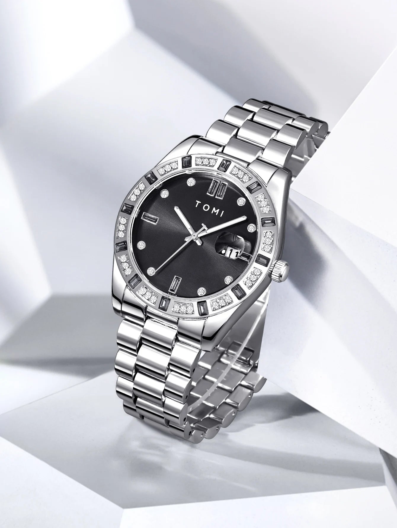 TOMI 4PCS Luxury Business Men's Watch Gift Box Set Luxury Diamond Case Calendar Stainless Steel Strap Quartz Watch Men's Clock