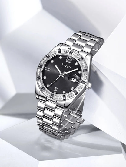 TOMI 4PCS Luxury Business Men's Watch Gift Box Set Luxury Diamond Case Calendar Stainless Steel Strap Quartz Watch Men's Clock