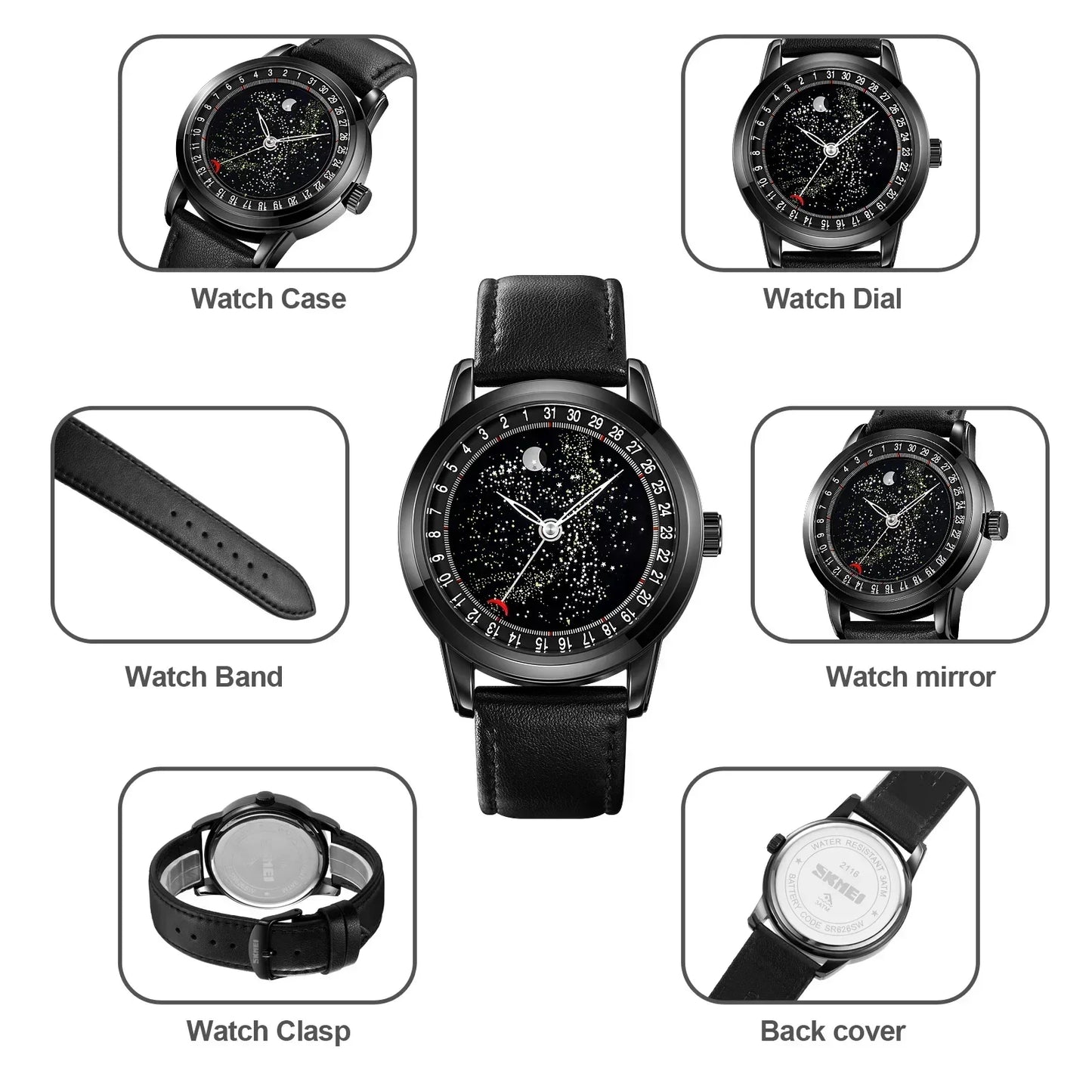 SKMEI 2116 Men’s Casual Wristwatch – Genuine Leather Strap, Date Display & Starry Sky Moon Phase