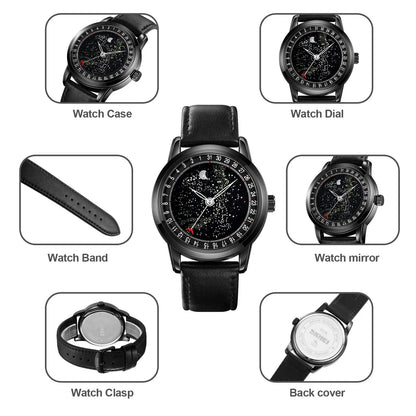 SKMEI 2116 Men’s Casual Wristwatch – Genuine Leather Strap, Date Display & Starry Sky Moon Phase