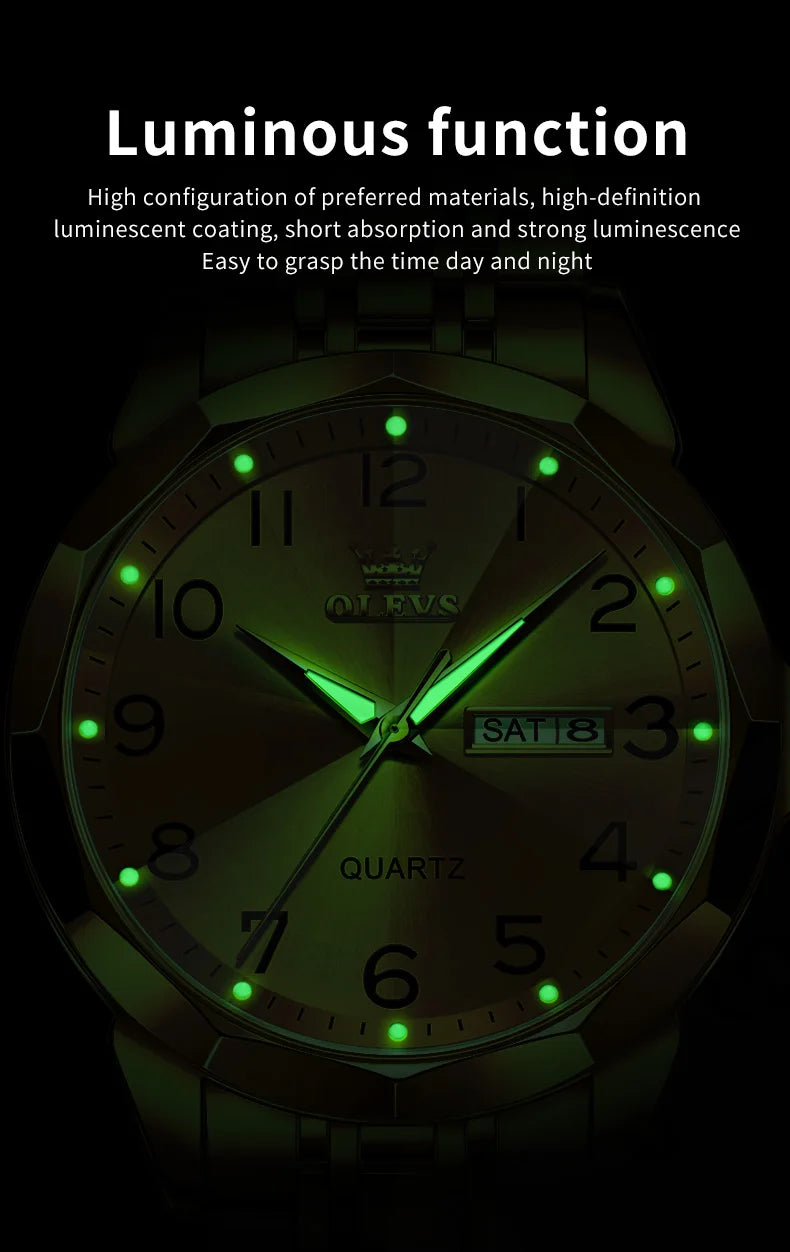 OLEVS Men's Watches Rhombus Mirror Original Quartz Watch for Man Waterproof Luminous Stainless Steel Wristwatch Male Date Week