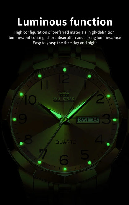 OLEVS Men's Watches Rhombus Mirror Original Quartz Watch for Man Waterproof Luminous Stainless Steel Wristwatch Male Date Week