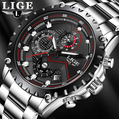 LIGE 2024 Men’s Luxury Quartz Watch – All Steel Waterproof Sport & Business Timepiece with Box