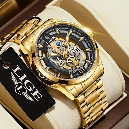 LIGE Men's Skeleton Quartz Watch – Luxury Retro Gold Wristwatch, Stainless Steel, Waterproof, Casual/Formal