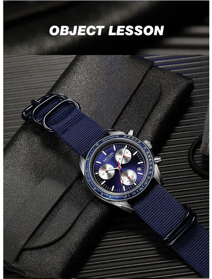 MEGIR New Men's Nylon Braided Strap Waterproof Night-light Sports Quartz Watch with Chronograph Fashion Triple-eye Wristwatch wi