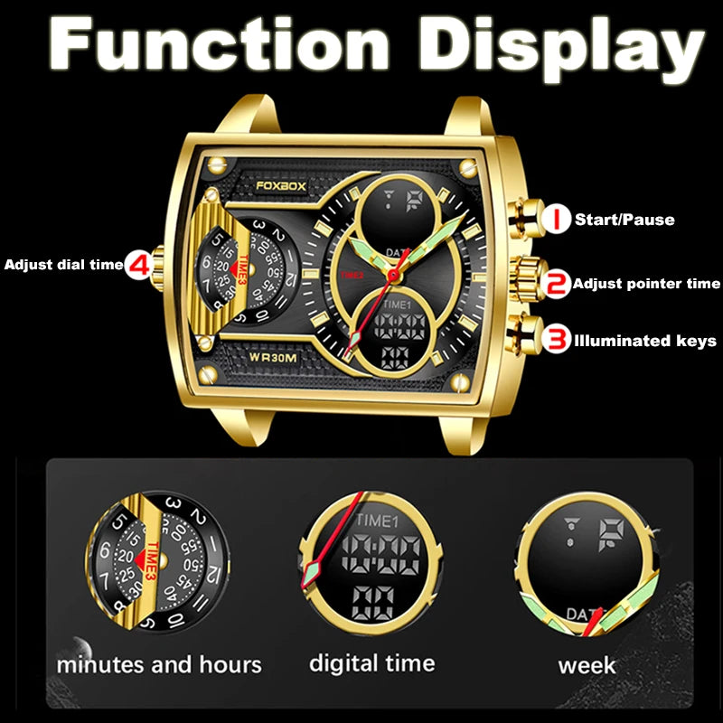 LIGE Luxury Men’s Square Watch – FOXBOX Fashion Casual Sports Waterproof Double Display