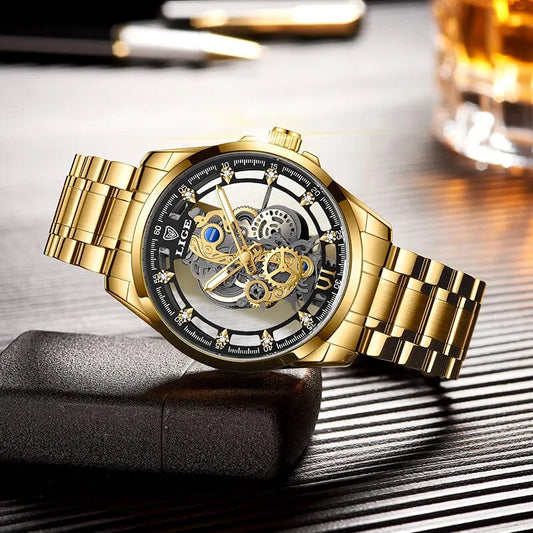 LIGE Men's Skeleton Quartz Watch – Luxury Retro Gold Wristwatch, Stainless Steel, Waterproof, Casual/Formal