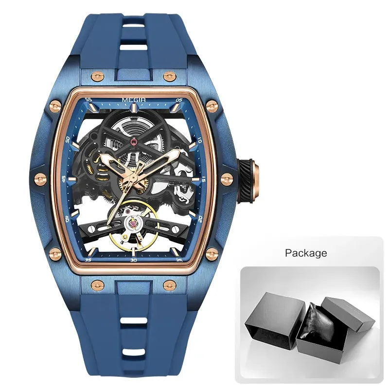 Luxorive MEGIR 2242 – Automatic Tonneau Dial Men’s Watch | Black Silicone Strap | Luminous Sport Design