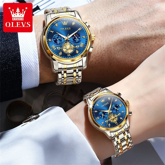 OLEVS Luxury Flywheel Design Couple Wristwatch Chronograph Waterproof Moon Phase Watch Brand Original Quartz Watch for Men Women