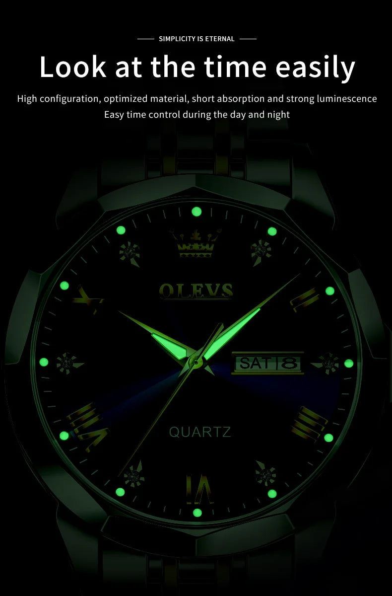 OLEVS Men's Watches Rhombus Mirror Original Quartz Watch for Man Waterproof Luminous Stainless Steel Wristwatch Male Date Week