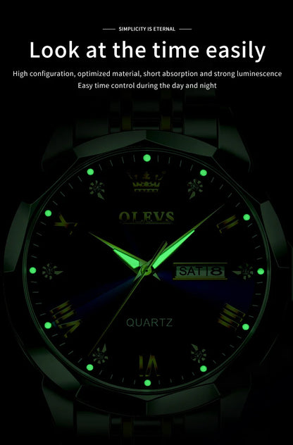 OLEVS Men's Watches Rhombus Mirror Original Quartz Watch for Man Waterproof Luminous Stainless Steel Wristwatch Male Date Week