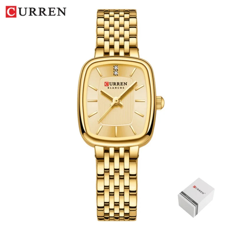 CURREN 9093 Women's Fashion Quartz Watch – Elegant Square Gold Dial with Stainless Steel Strap, Waterproof