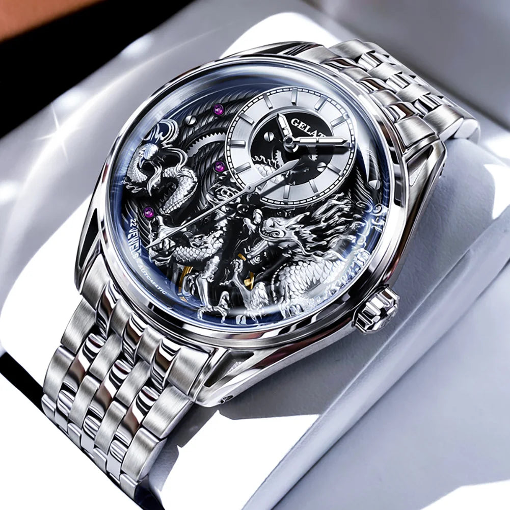 GELATU 6018 Men Watch Luxury Relief Dragon Pattern Watch Original Automatic Mechanical Watch Sapphire Waterproof Men's Watch