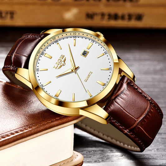 LIGE Men’s Brown Leather Military Sports Quartz Watch – Casual Waterproof Chronograph