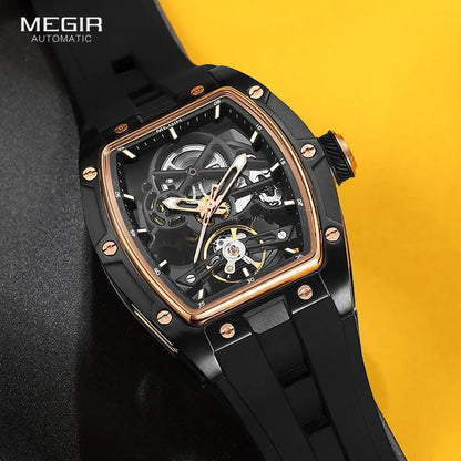 Luxorive MEGIR 2242 – Automatic Tonneau Dial Men’s Watch | Black Silicone Strap | Luminous Sport Design