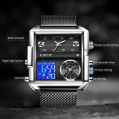 LIGE Men’s Black Steel Digital Dual Display Sports Chronograph – Waterproof Quartz Military Watch