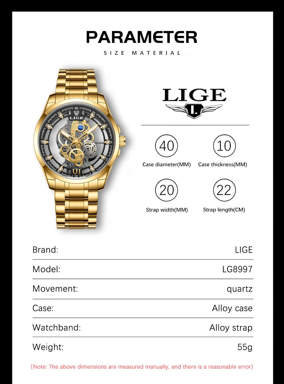 LIGE Men's Skeleton Quartz Watch – Luxury Retro Gold Wristwatch, Stainless Steel, Waterproof, Casual/Formal