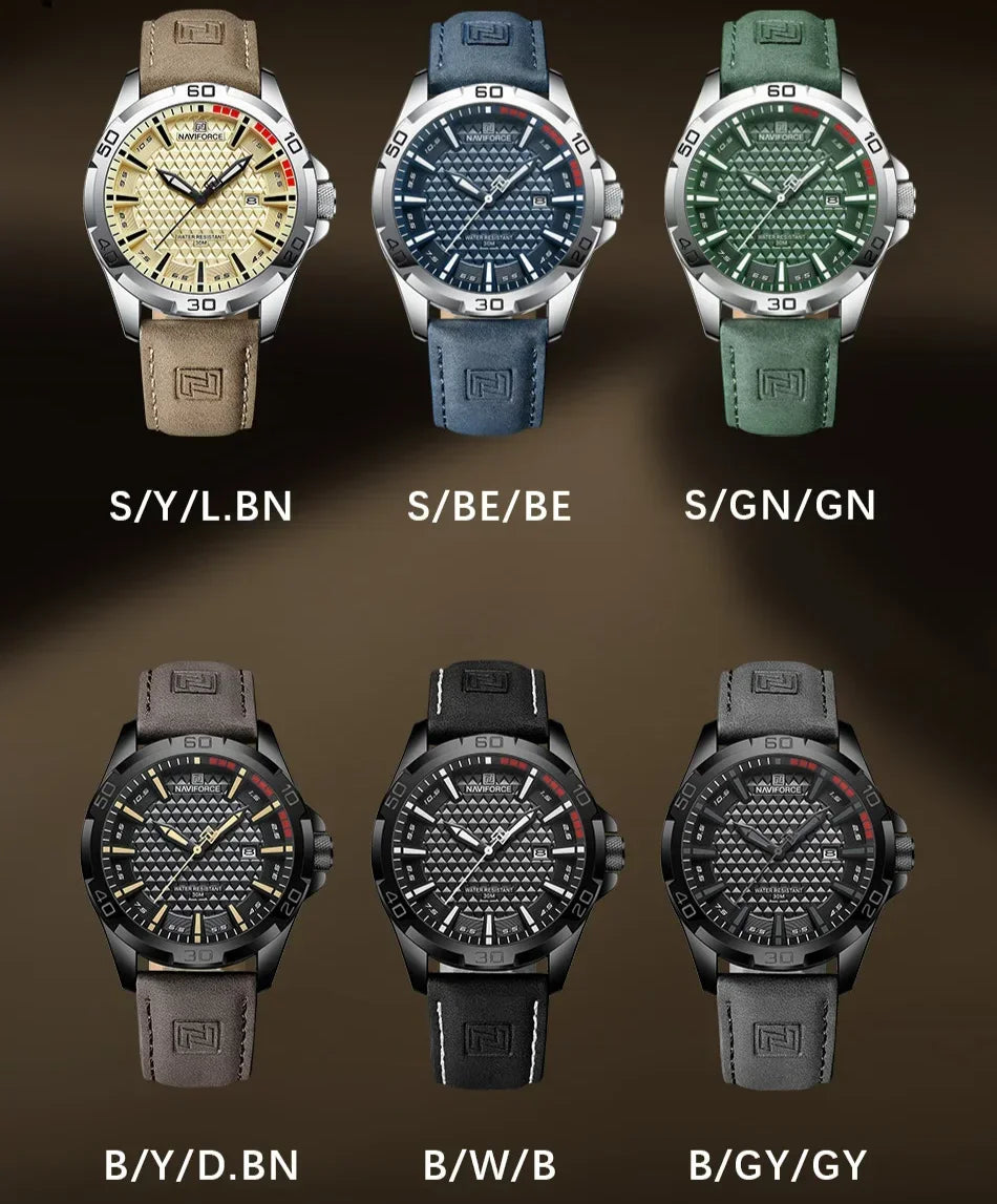 NAVIFORCE 8023 Fashion Men's Luminous Quartz Wrist Watches Waterproof Leather Strap Military Motorcycle Quartz Watch