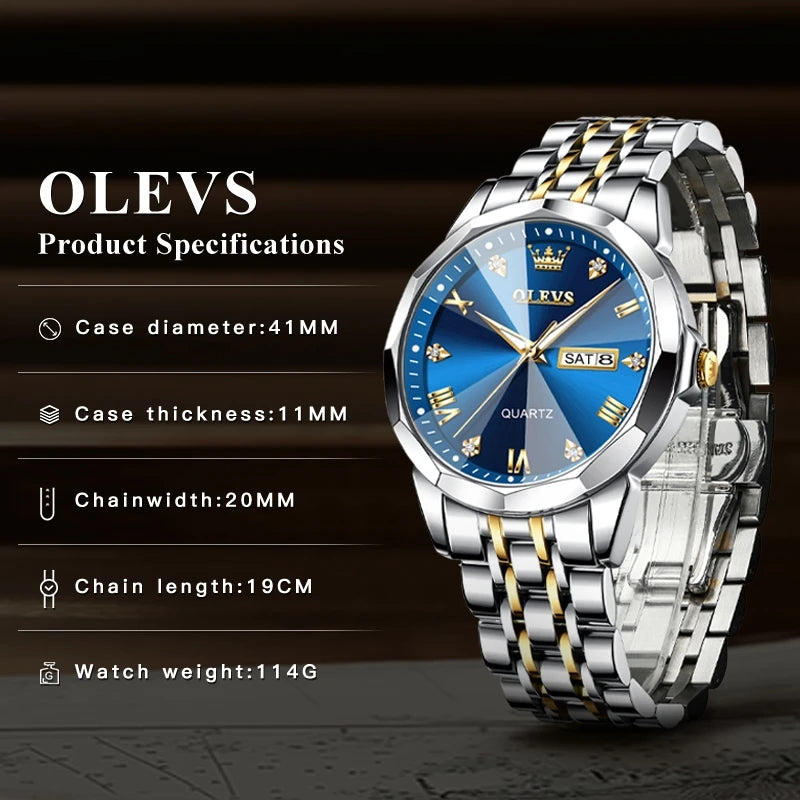 OLEVS Men's Watches Rhombus Mirror Original Quartz Watch for Man Waterproof Luminous Stainless Steel Wristwatch Male Date Week