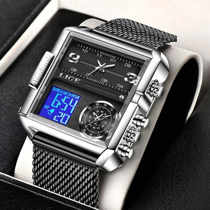 LIGE Men’s Black Steel Digital Dual Display Sports Chronograph – Waterproof Quartz Military Watch