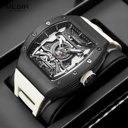 MEGIR Men's Automatic Mechanical Watch with Stainless Steel Case Sillicone Strap Fashion Waterproof Luminous Wristwatch 8604