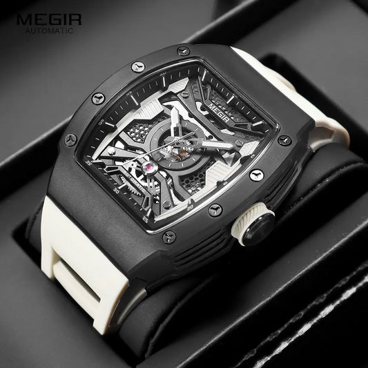 MEGIR Men's Automatic Mechanical Watch with Stainless Steel Case Sillicone Strap Fashion Waterproof Luminous Wristwatch 8604