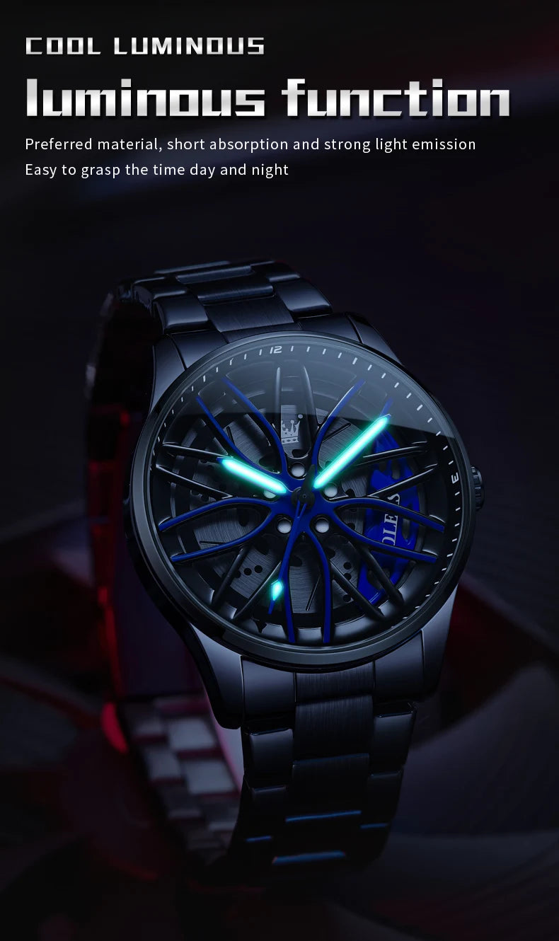 OLEVS Fashion 360° Rotary Dial Quartz Watch for Men Sport Car Rim Wheel Hub Waterproof Luminous Stainless Steel Men's Wristwatch