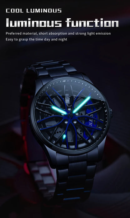 OLEVS Fashion 360° Rotary Dial Quartz Watch for Men Sport Car Rim Wheel Hub Waterproof Luminous Stainless Steel Men's Wristwatch
