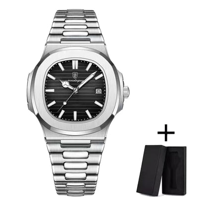PENGAGAR Luxury Watch Business 50 ATM Waterproof Male Clock Luminous Date Stainless Steel Square Quartz Men Watches reloj hombre