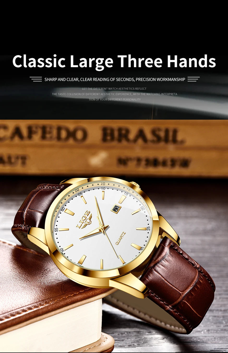LIGE Men’s Brown Leather Military Sports Quartz Watch – Casual Waterproof Chronograph