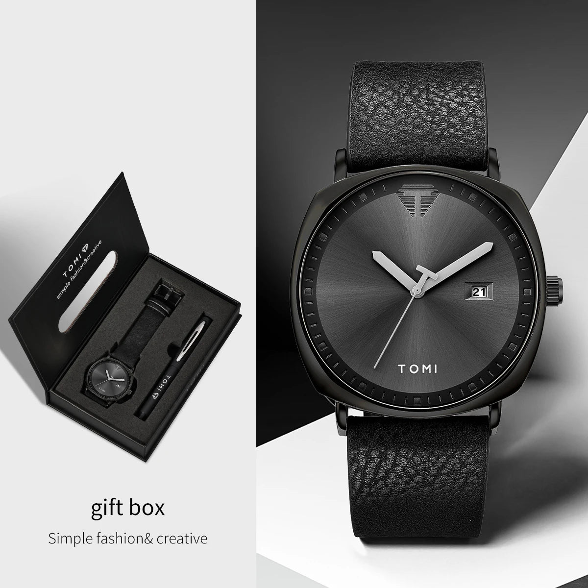 TOMI New 2PCS Luxury Business Men Watch Gift Box Set Simple and Casual Men Calendar Quartz Watch Pen Reloj Men Holiday Gift