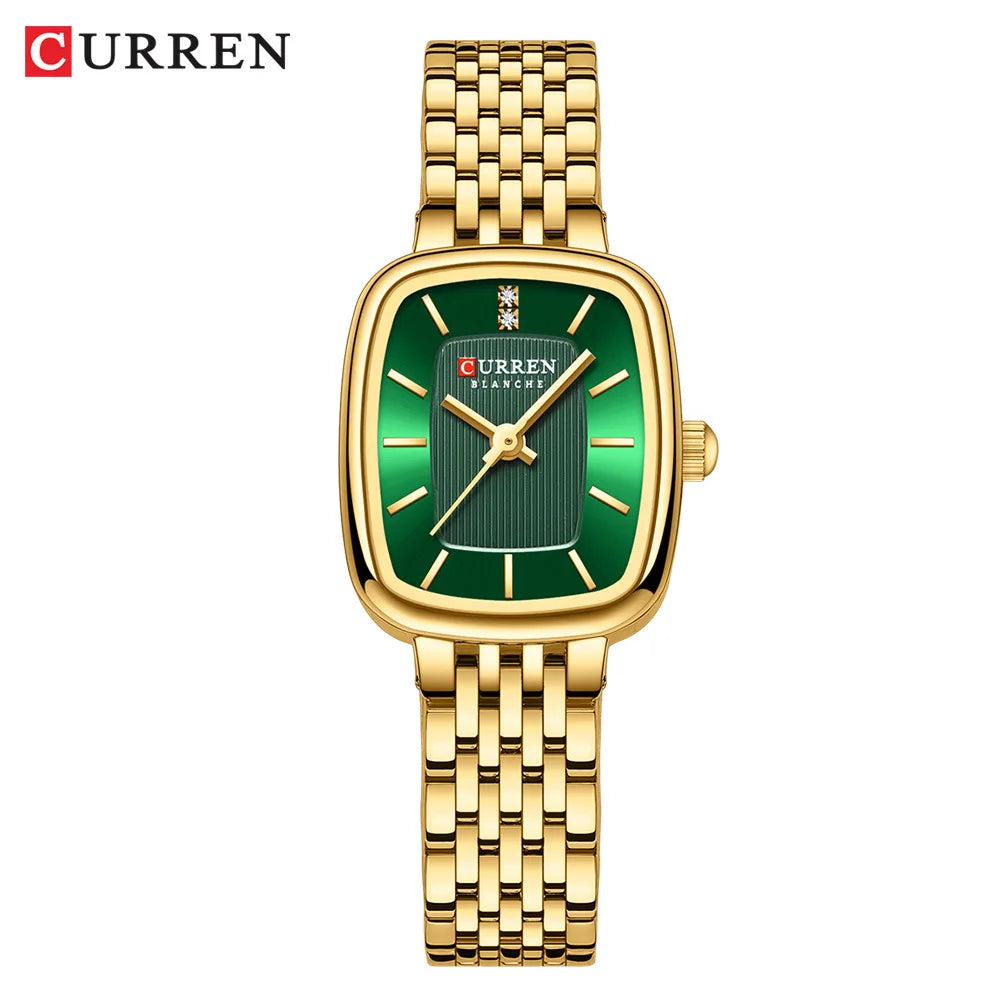 CURREN 9093 Women's Fashion Quartz Watch – Elegant Square Gold Dial with Stainless Steel Strap, Waterproof