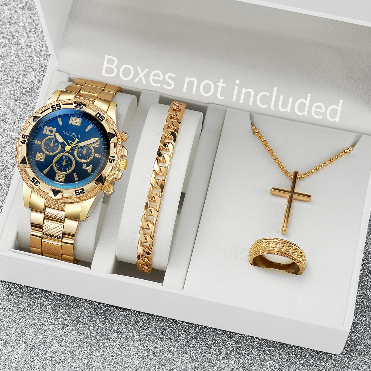 Luxorive Regal Gold Set – 4‑Piece Men’s Quartz Watch & Jewelry Combo (Without Box)