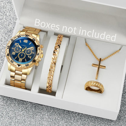 Luxorive Regal Gold Set – 4‑Piece Men’s Quartz Watch & Jewelry Combo (Without Box)