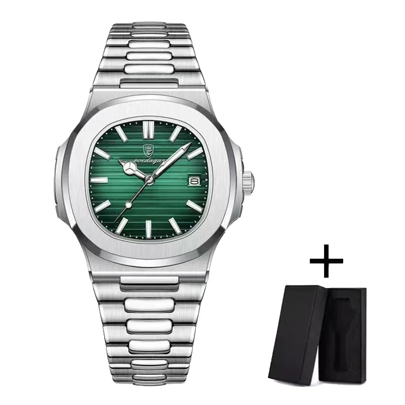 PENGAGAR Luxury Watch Business 50 ATM Waterproof Male Clock Luminous Date Stainless Steel Square Quartz Men Watches reloj hombre