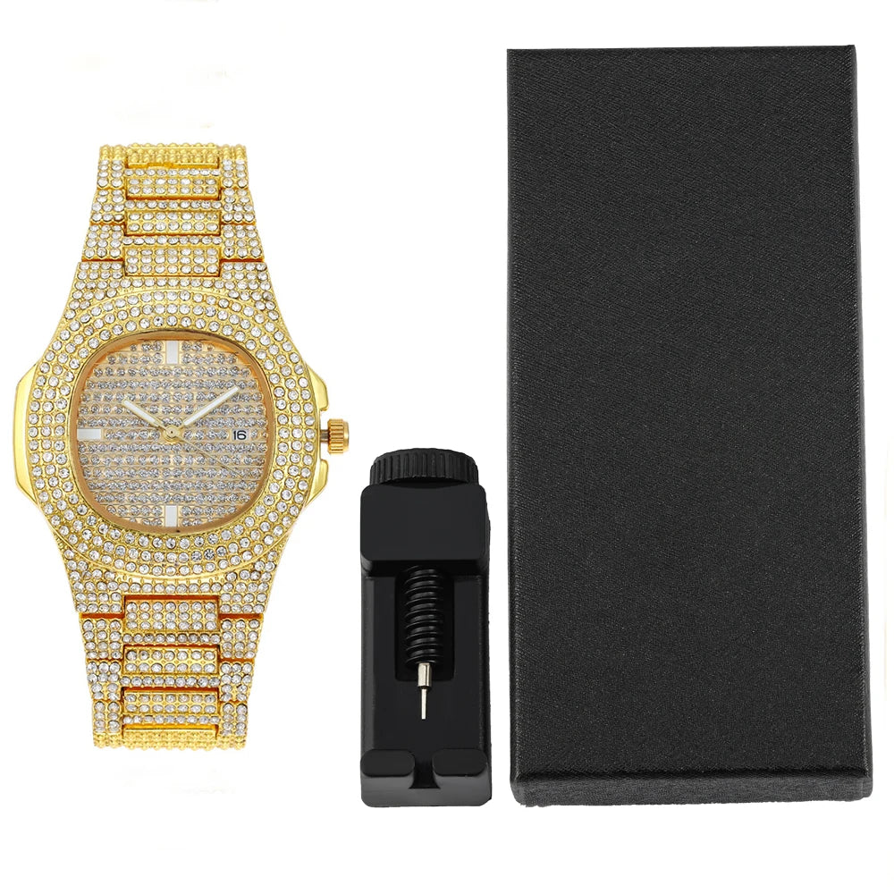 Men Women Quartz Watch Iced Out Hip-hop Punk Full Diamonds Wrist Watch Bundled Size Adjuster Stylish Party Jewelry Gift Box