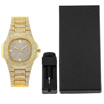 Men Women Quartz Watch Iced Out Hip-hop Punk Full Diamonds Wrist Watch Bundled Size Adjuster Stylish Party Jewelry Gift Box