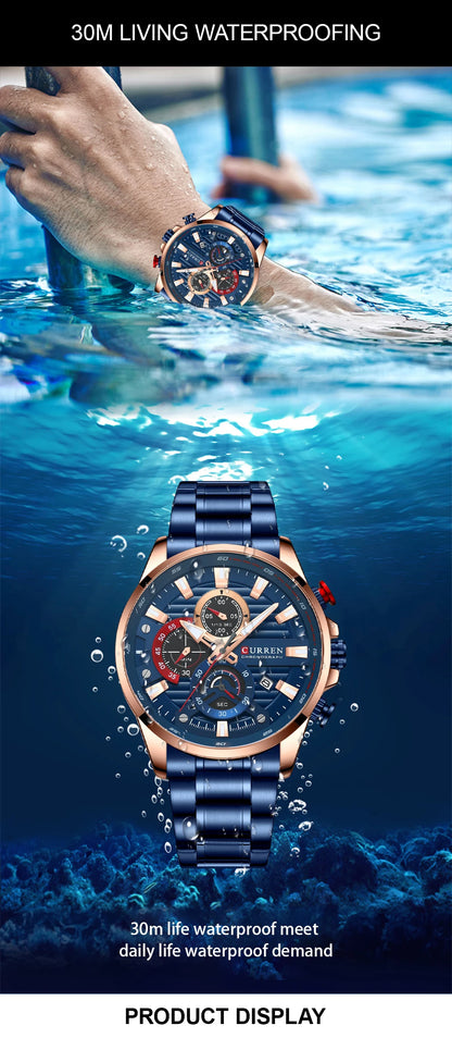 CURREN Men’s Sports Casual Quartz Watch – Stainless Steel Chronograph with Auto Date
