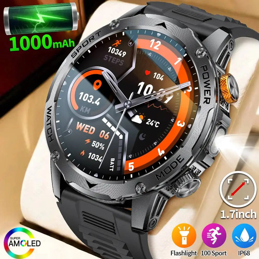 LIGE Men’s Smartwatch – 1000mAh Battery, Outdoor Flashlight, Bluetooth Call, Waterproof Fitness Tracker
